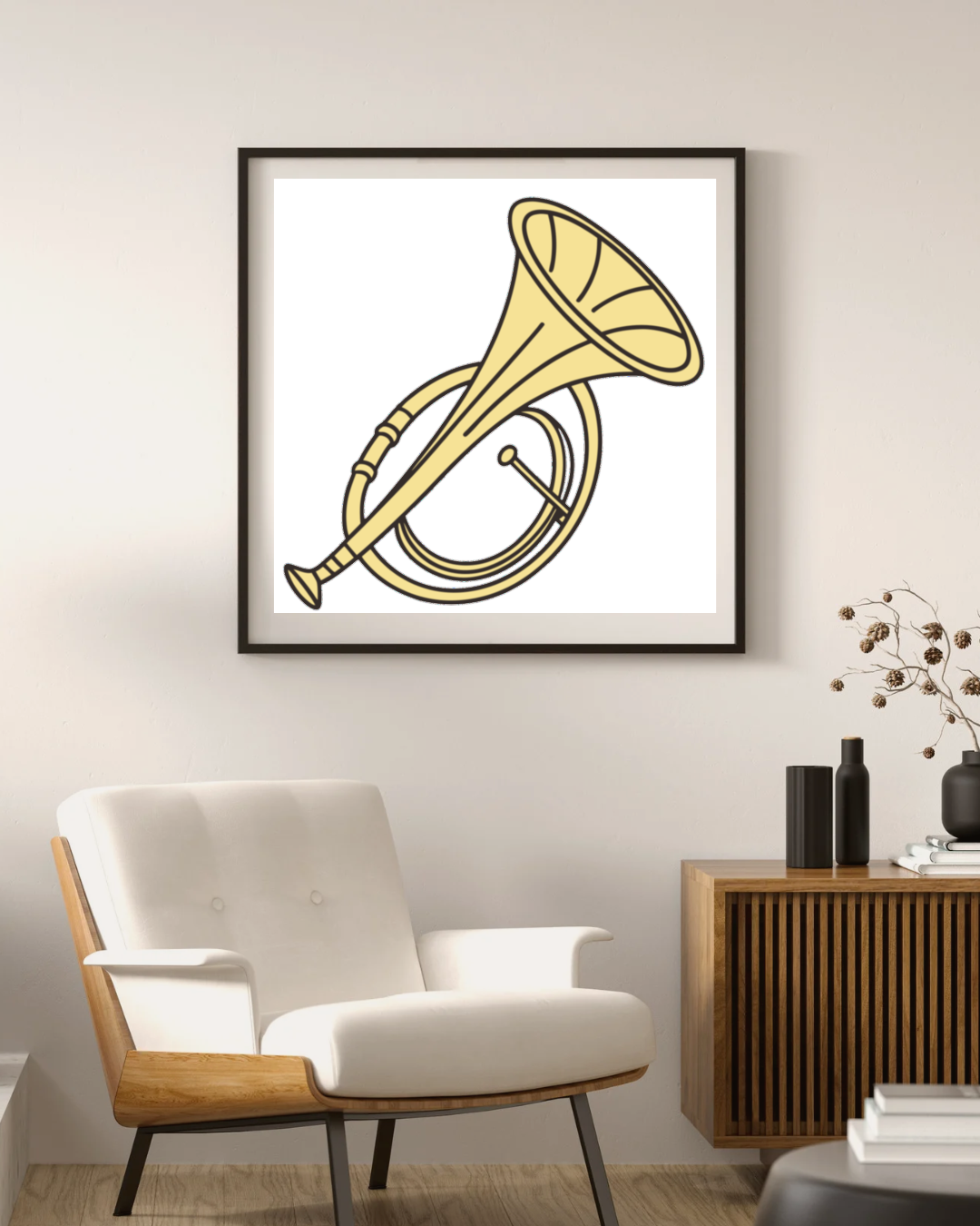 Cadre avec tuba design illustratif sur fond musical créatif, parfait pour déco murale