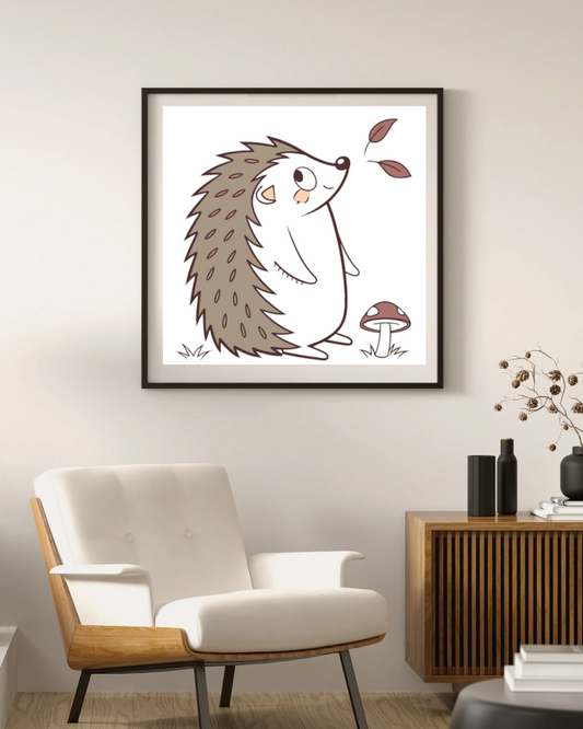 Cadre décoratif avec hérisson curieux en style forestier