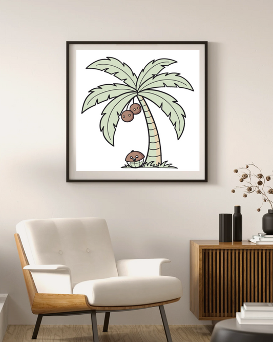 Cadre décoratif arborant un doodle vectoriel tropical avec un cocotier rieur
