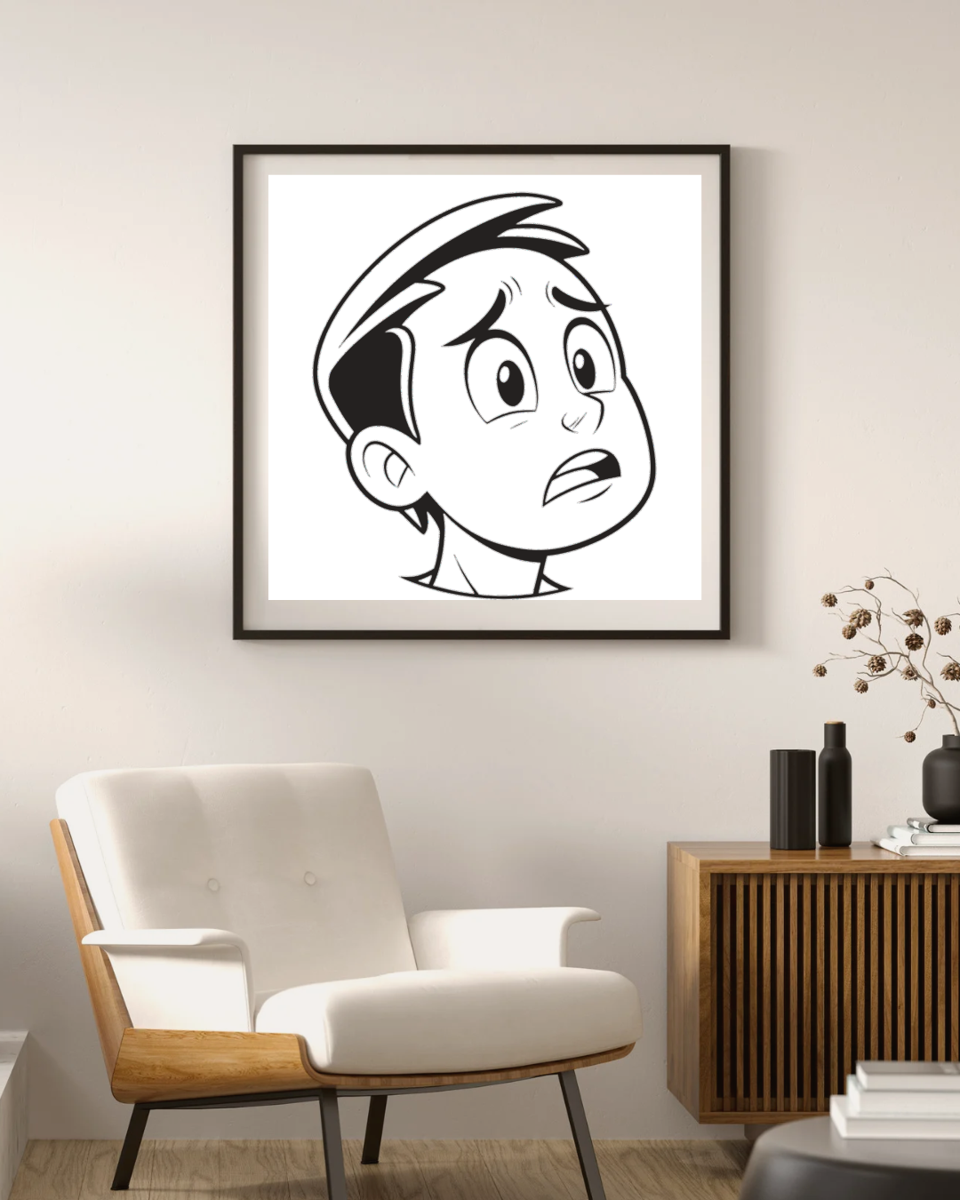 Cadre style doodle avec une icône numérique de garçon exprimant l'inquiétude