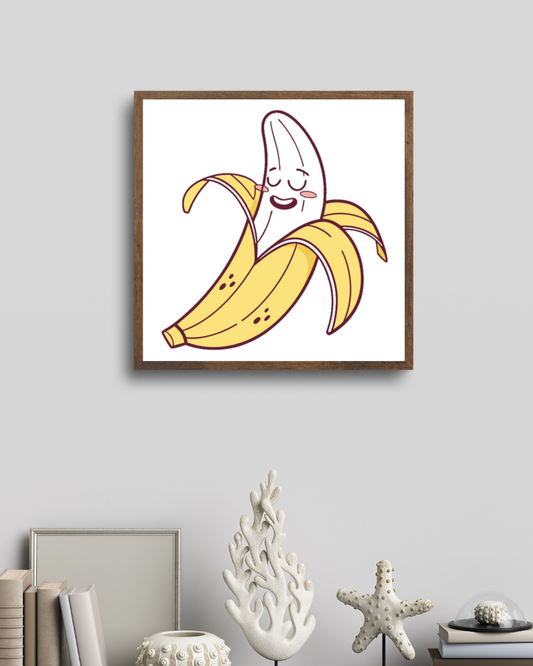 Cadre décoratif avec banane joyeuse épluchée style doux parfait pour intérieur ludique