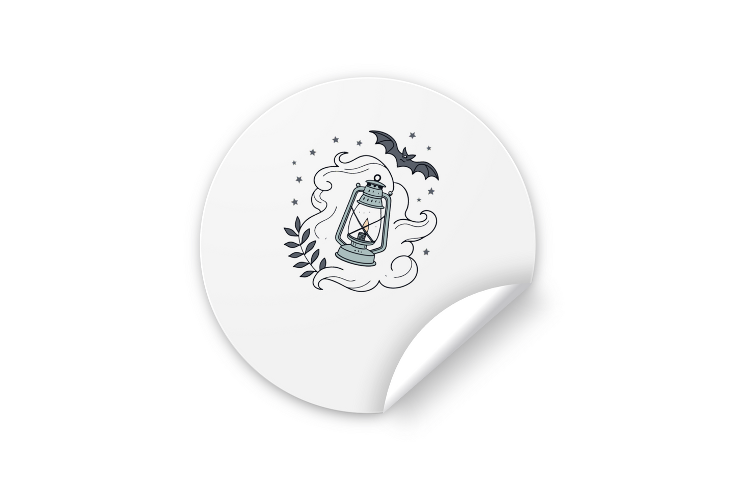 Sticker mystique avec lanterne magique et chauve-souris sur fond de nuit étoilée