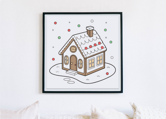 Cadre illustrant une maison de pain d'épices enneigée au style festif et doux