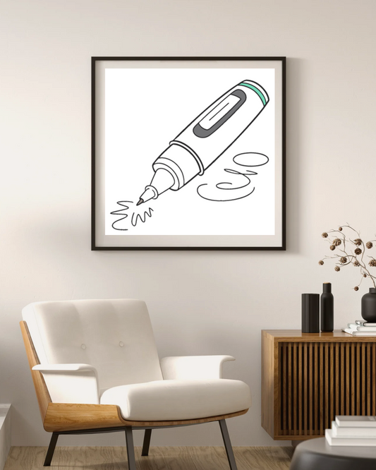 Le cadre chic avec une icône de stylo émeraude décore un espace de bureau élégant