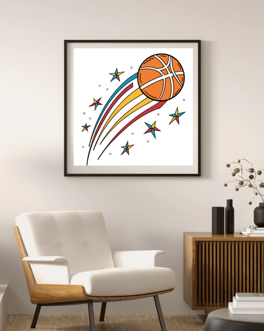 Cadre avec ballon de basket étoilé au style rétro sport ambiance vintage dynamique