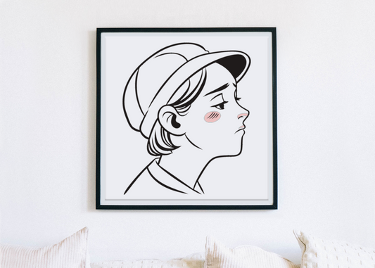 Cadre au style minimaliste avec icône numérique d'un garçon rêveur en profil