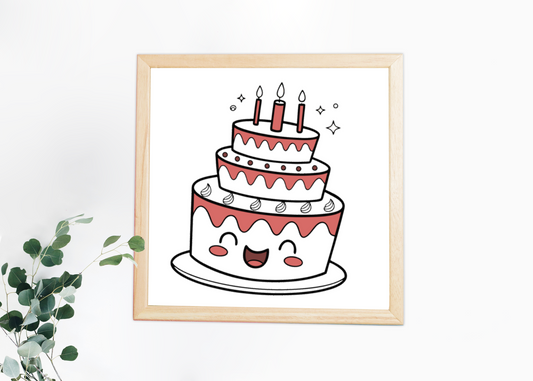 Gâteau kawaii encadré, parfait pour cartes de vœux ou décorations.