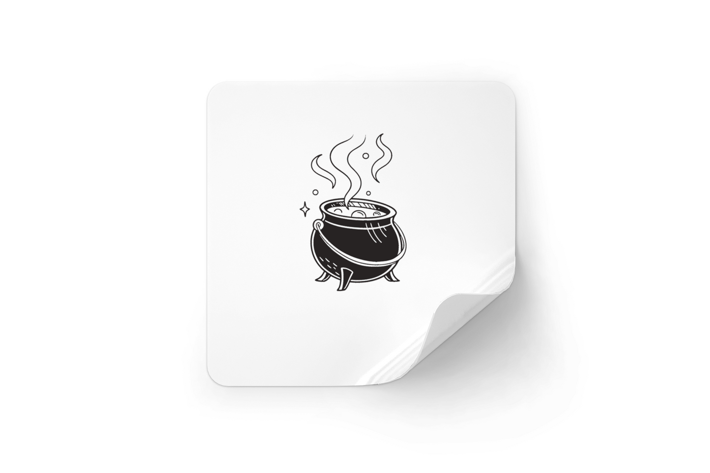 Sticker rond Halloween avec chaudron magique et vapeur en doodle noir et blanc