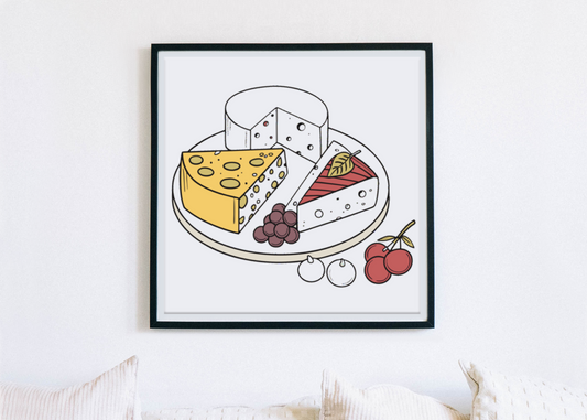 Cadre avec motif gourmand illustrant des fromages sur plateau Doodle moderne