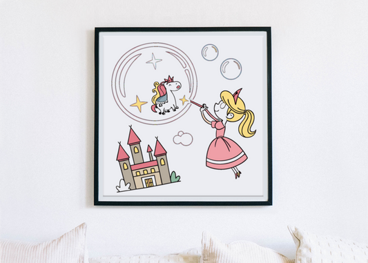 Cadre enchanté avec princesse rêveuse et licorne en style doodle féerique
