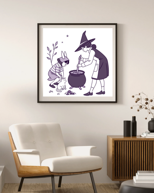 Cadre avec sorcière enfantine au style enchanté parfait pour Halloween