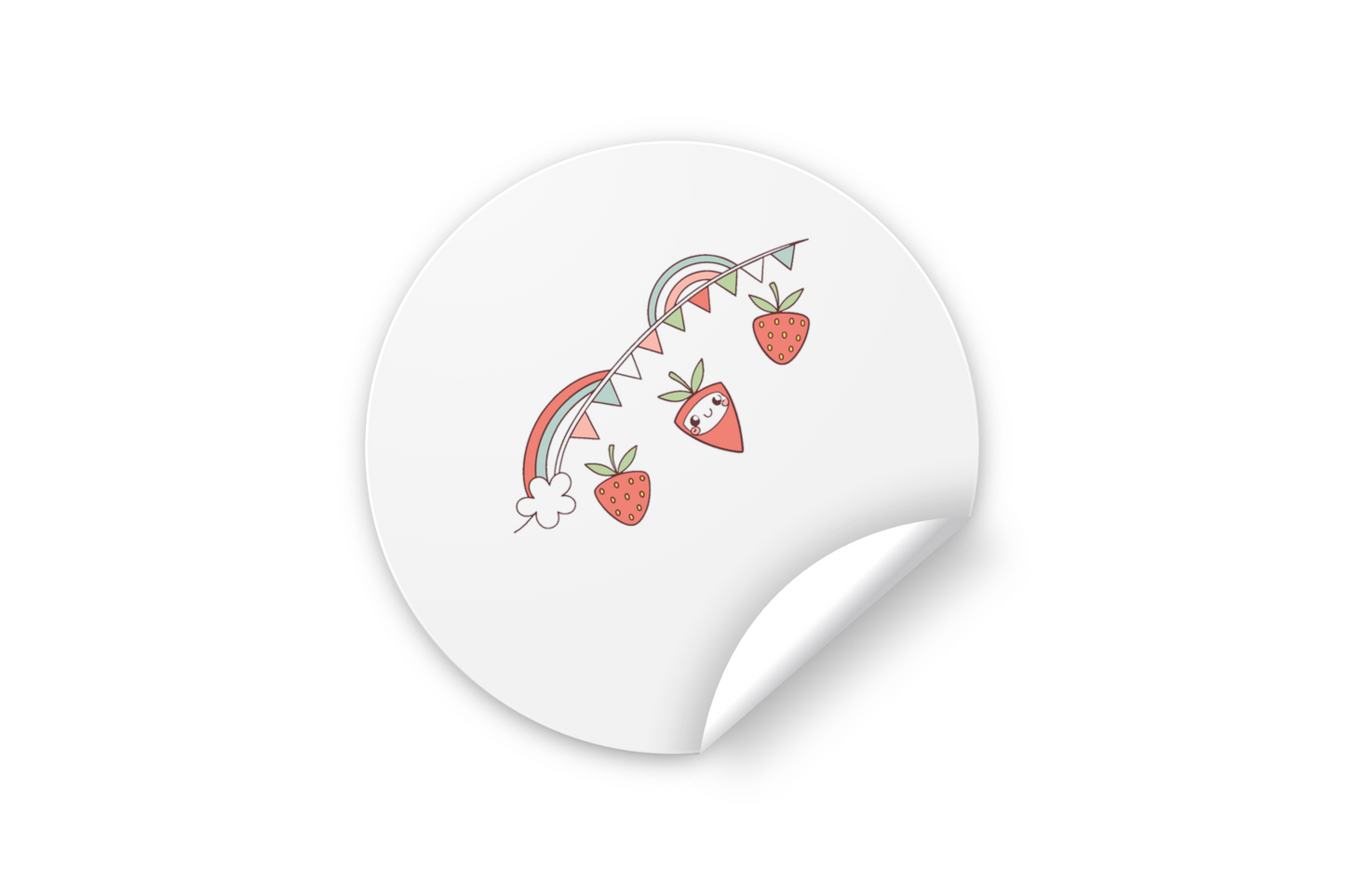 Sticker avec fraises joyeuses sous un arc-en-ciel dans un style digital moderne