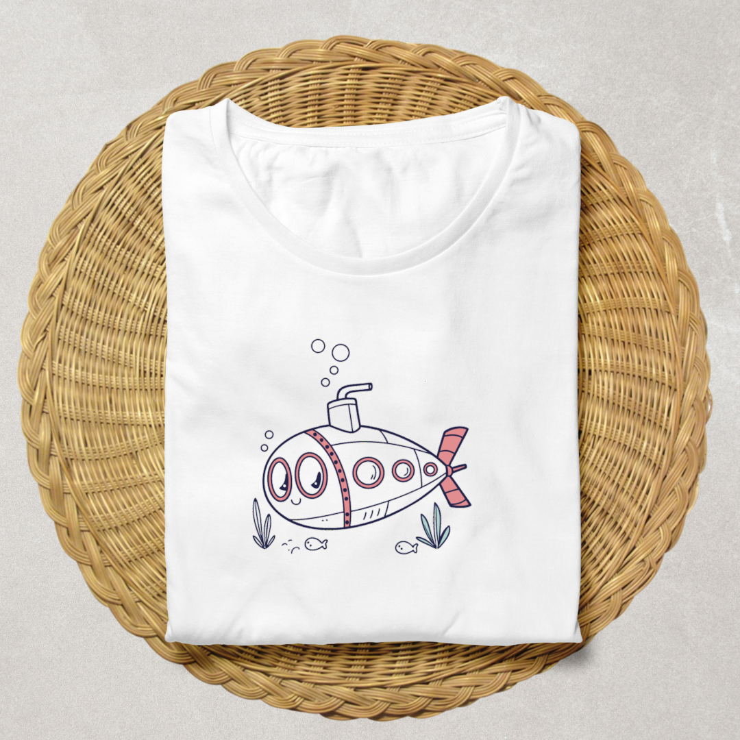 T-shirt aventure avec sous-marin joyeux dans un style cartoon aquatique vibrant