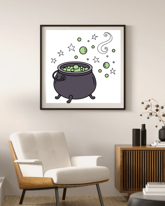 Cadre décoratif au style ensorcelant avec un chaudron magique bouillonnant