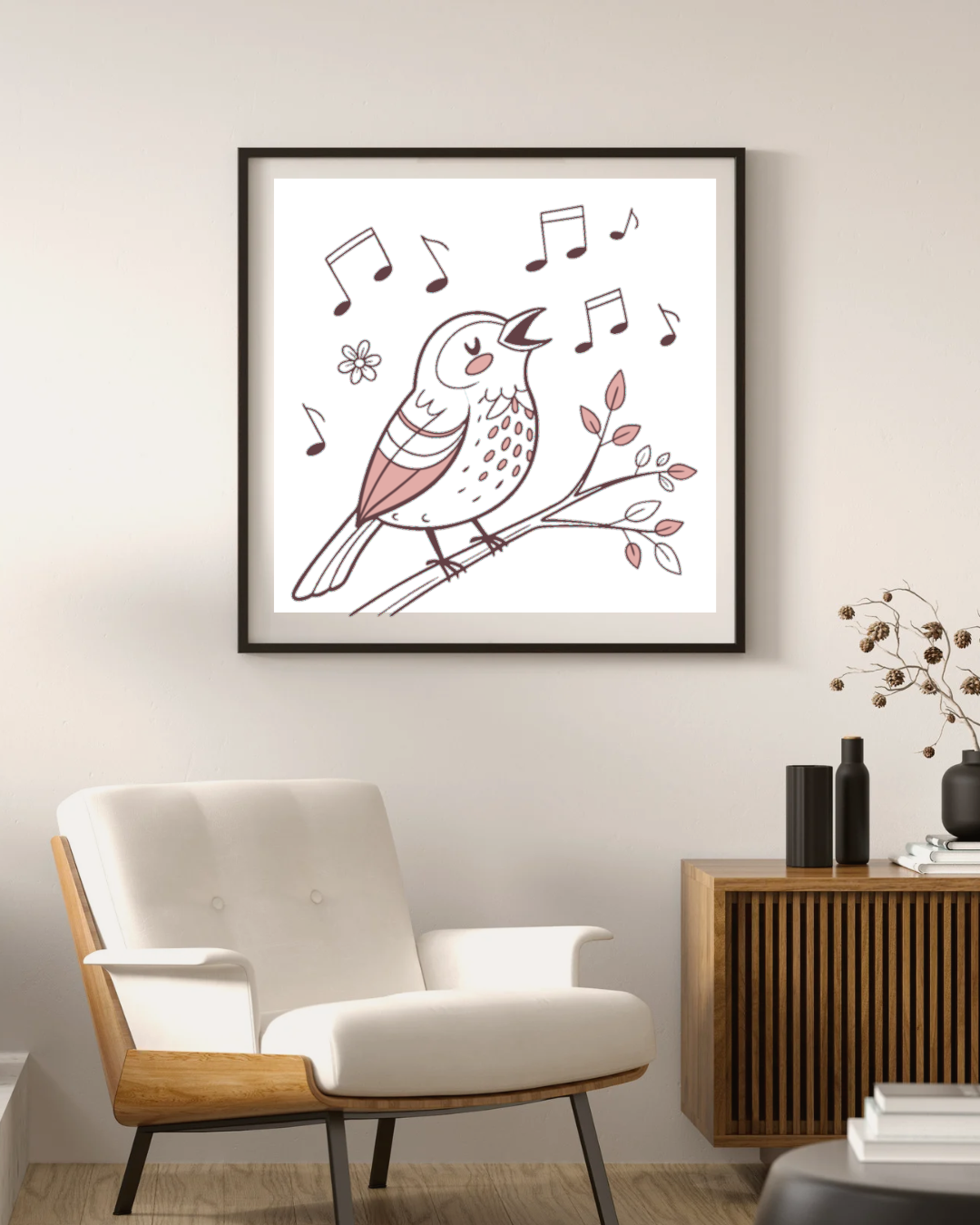 Cadre pastel avec oiseau chantant, dégage sérénité et nature apaisante