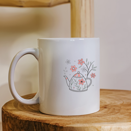 Mug en céramique avec théière florale pastel blossom, style moderne et épuré