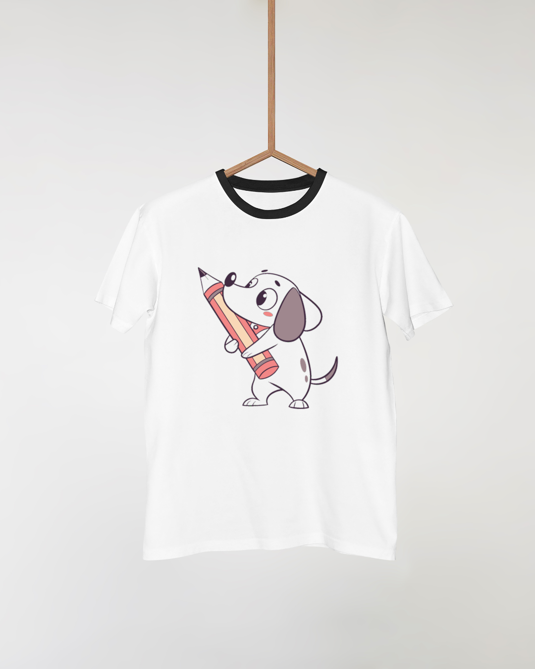 T-shirt amusant avec un chien curieux et un crayon, style éducatif et créatif