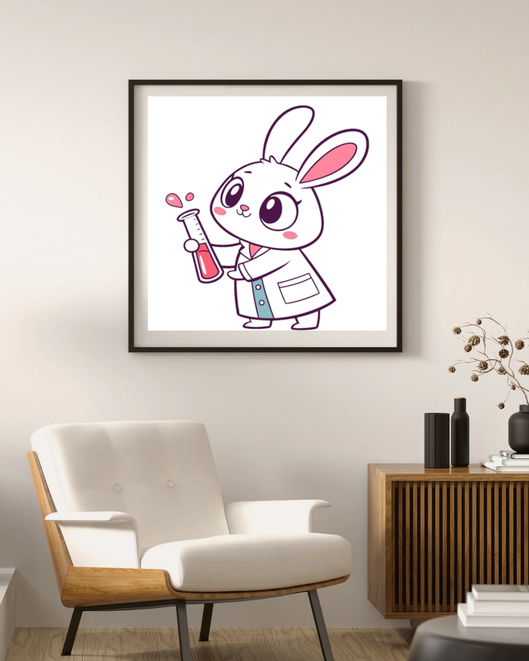 Cadre décoratif montrant un lapin curieux en style cartoon éducatif