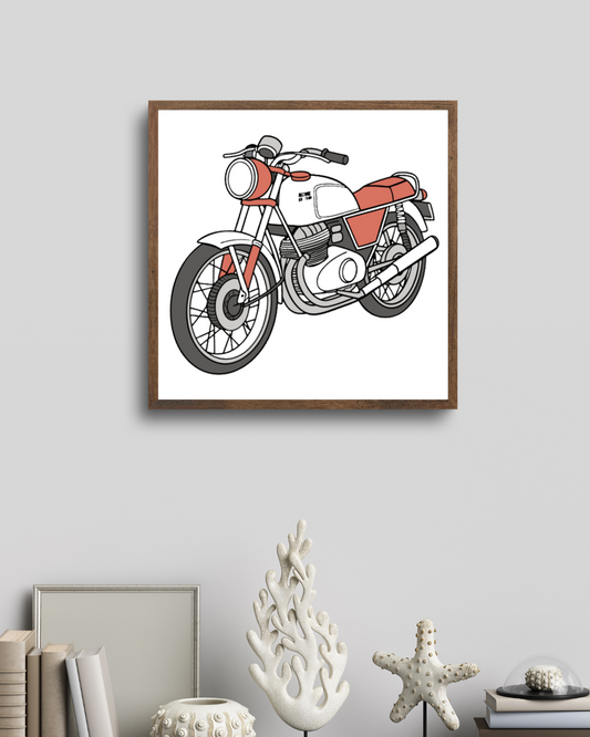 Dessin vectoriel de moto Laverda encadré pour ambiance rétro.