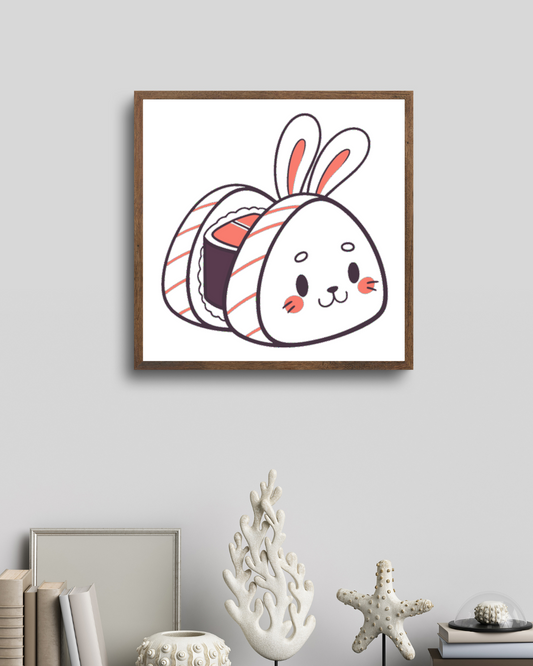 Cadre décoratif avec un lapin kawaii en sushi, émanant une douceur enfantine