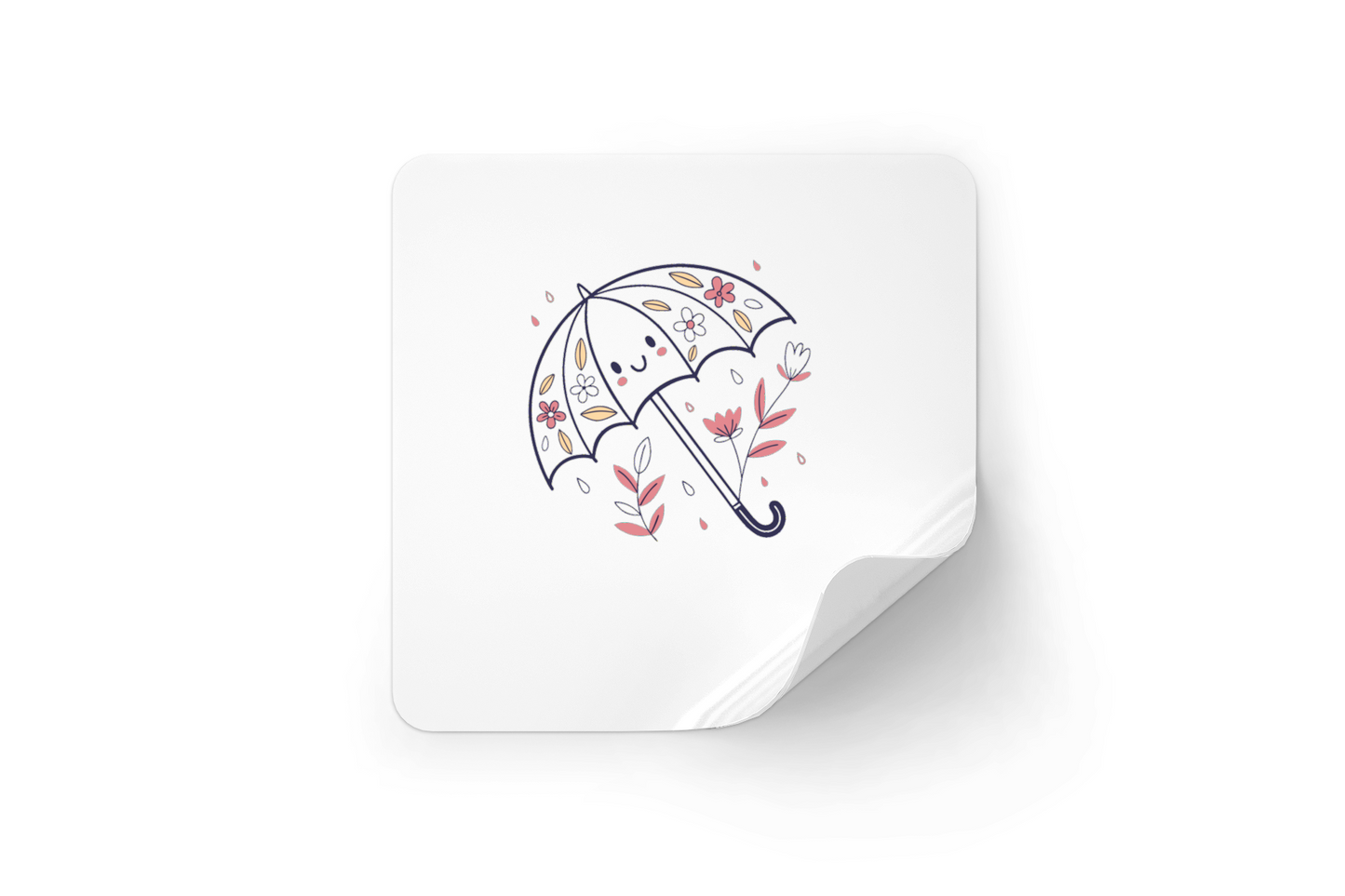 Sticker joyeux avec un parapluie kawaii sous la pluie, ambiance printanière
