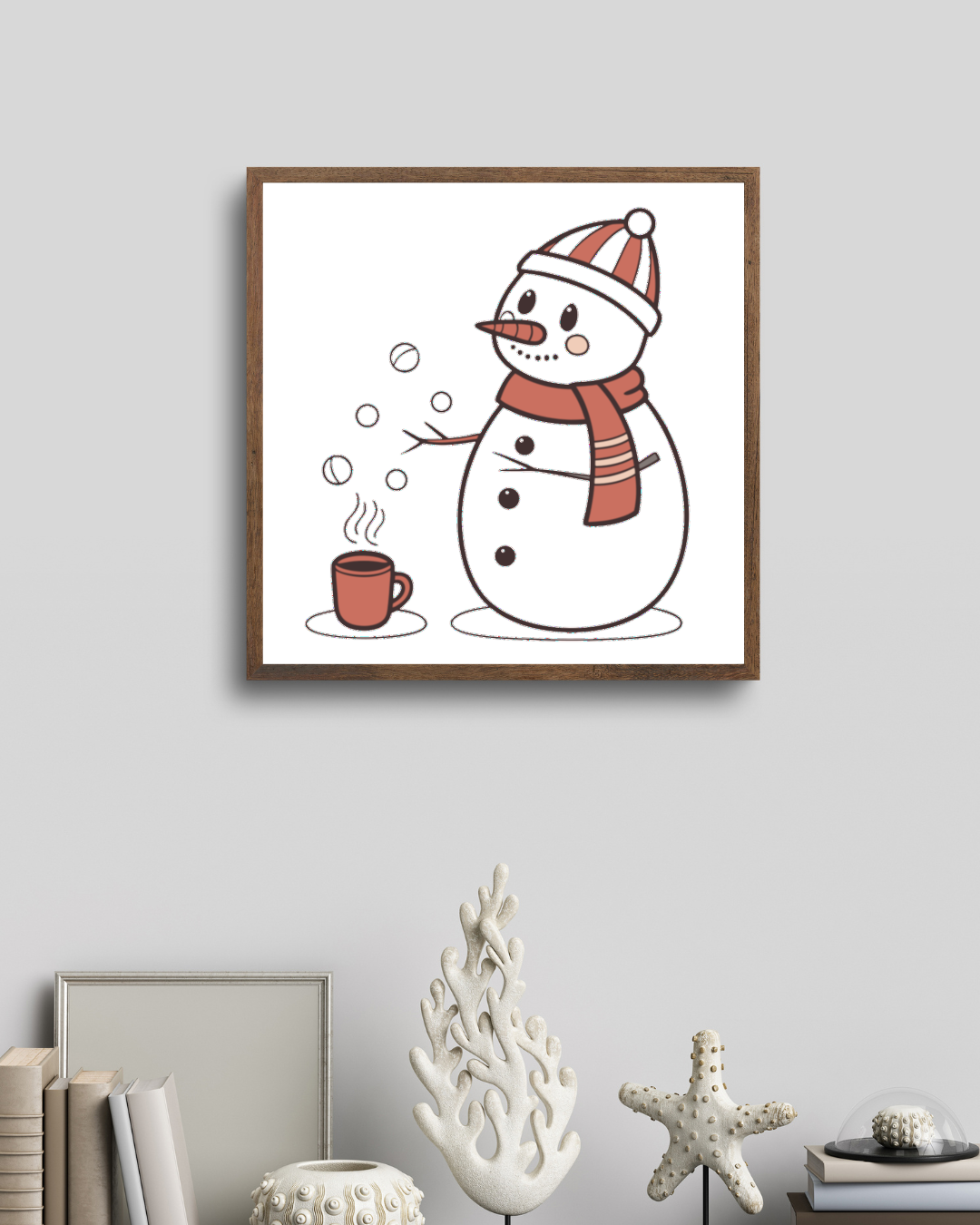 Cadre avec un bonhomme de neige festif dans un style hivernal, apportant convivialité
