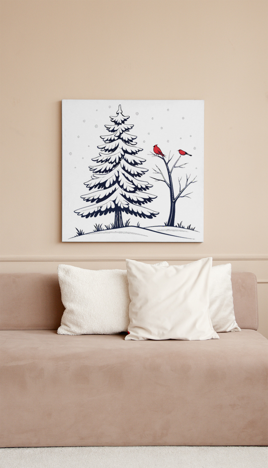 Cadre avec oiseaux rouges sur arbre enneigé créant une ambiance festive hivernale
