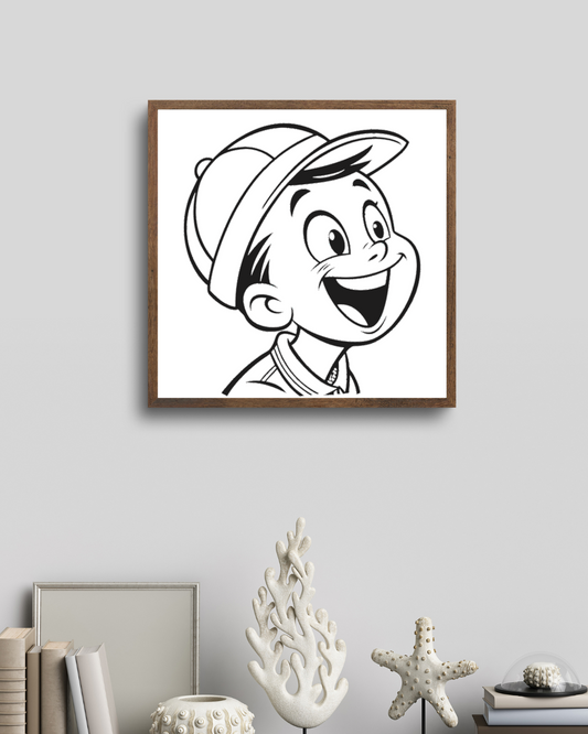 Enfant joyeux avec casquette sur cadre moderne, style cartoon et enfantin