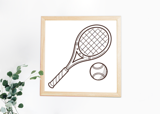 Cadre avec raquette esquissée et balle de tennis sur fond sportif élégant