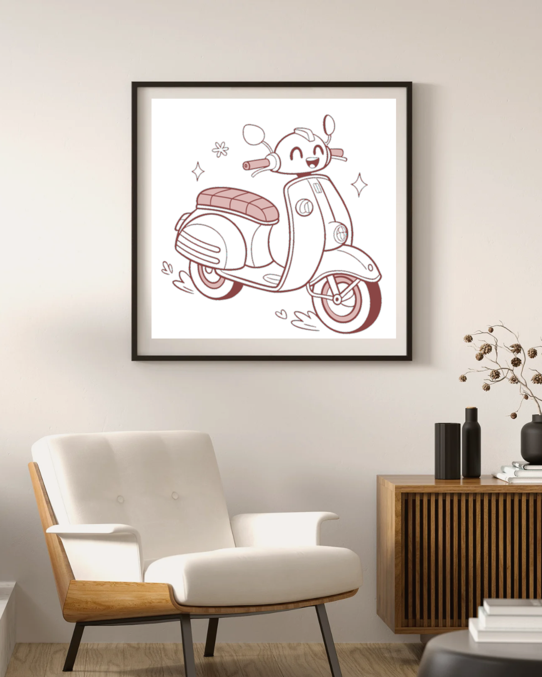 Cadre avec scooter joyeux et moderne pour égayer un espace urbain
