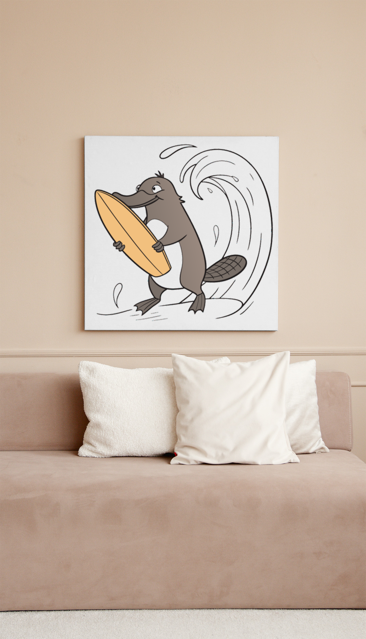 Cadre décoratif avec ornithorynque surfeur dans une scène de plage colorée
