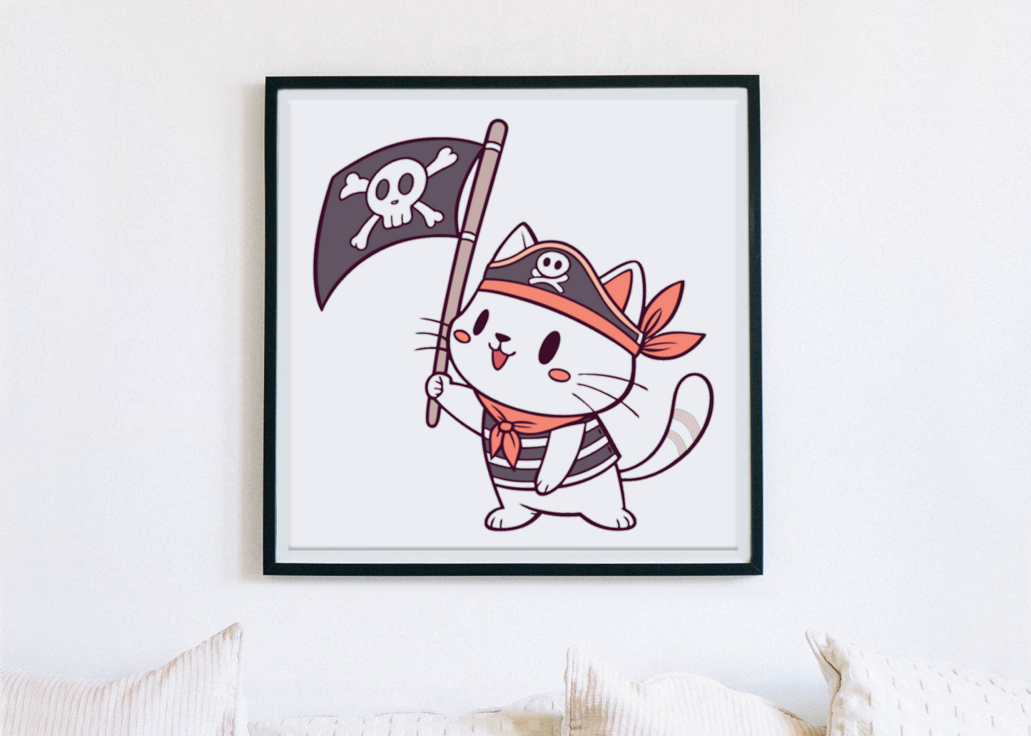 Cadre décoratif avec chat pirate joyeux en style kawaii pour aventure maritime