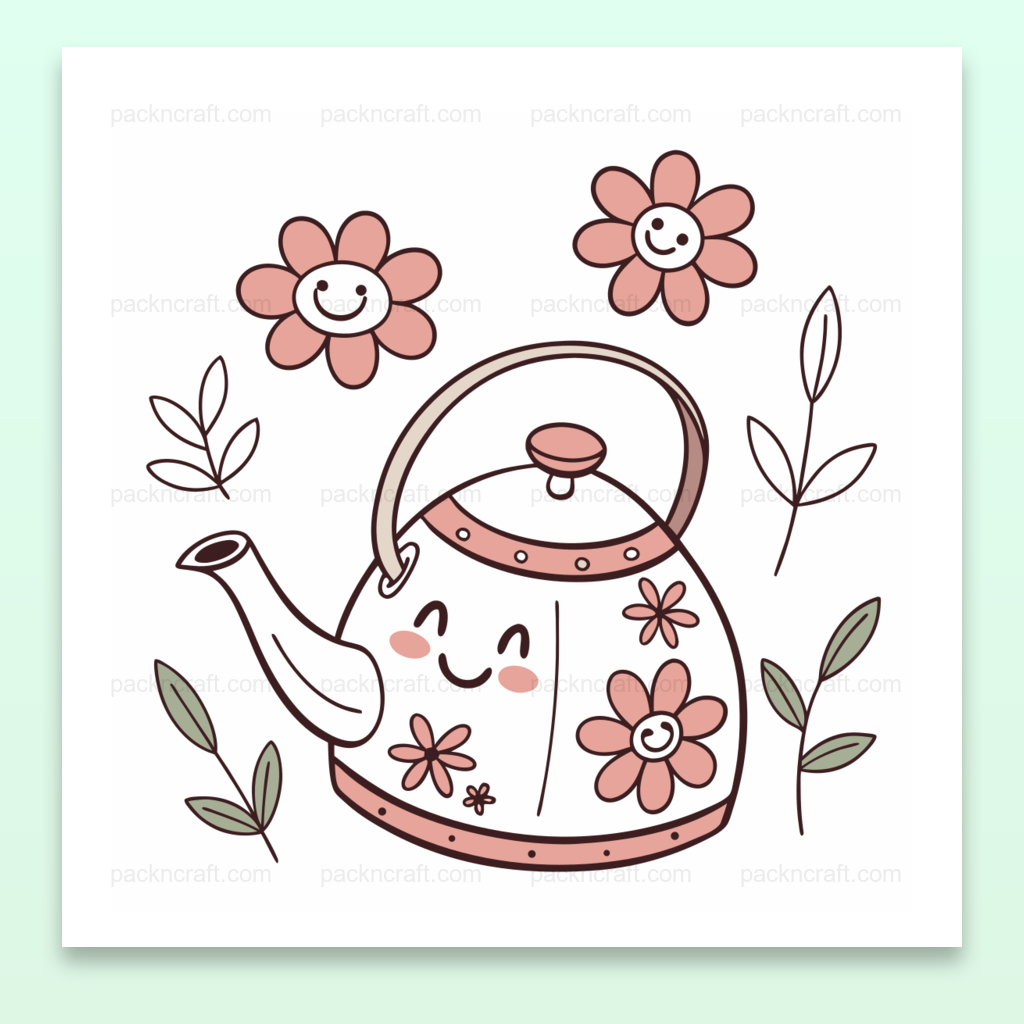 Illustration SVG d'une théière fleurie souriante avec des fleurs de printemps.
