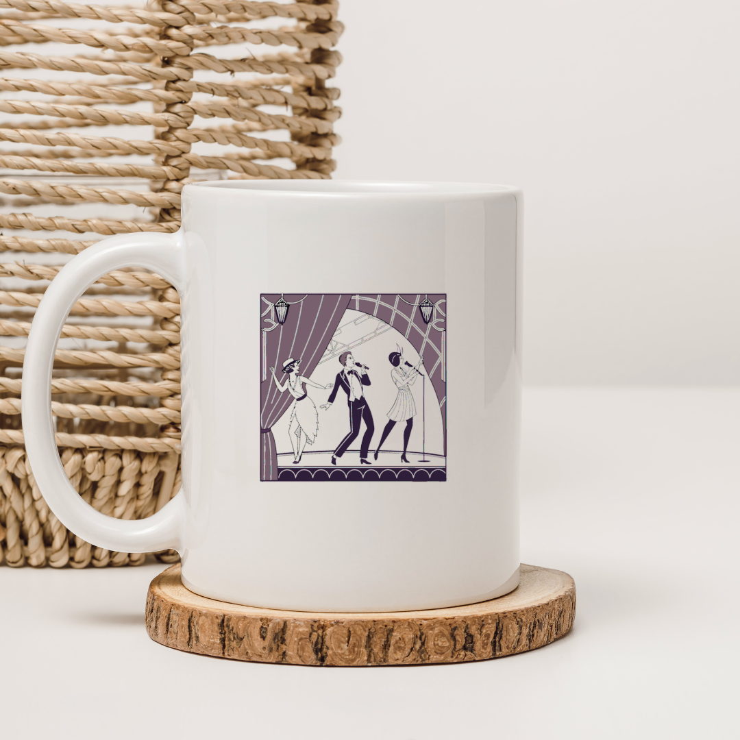 Illustration cabaret rétro sur mug, ambiance jazz pour maison.