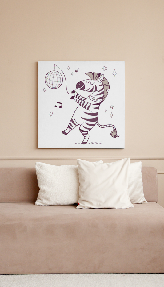 Cadre amusant avec un zèbre dansant au style disco sur fond minimaliste