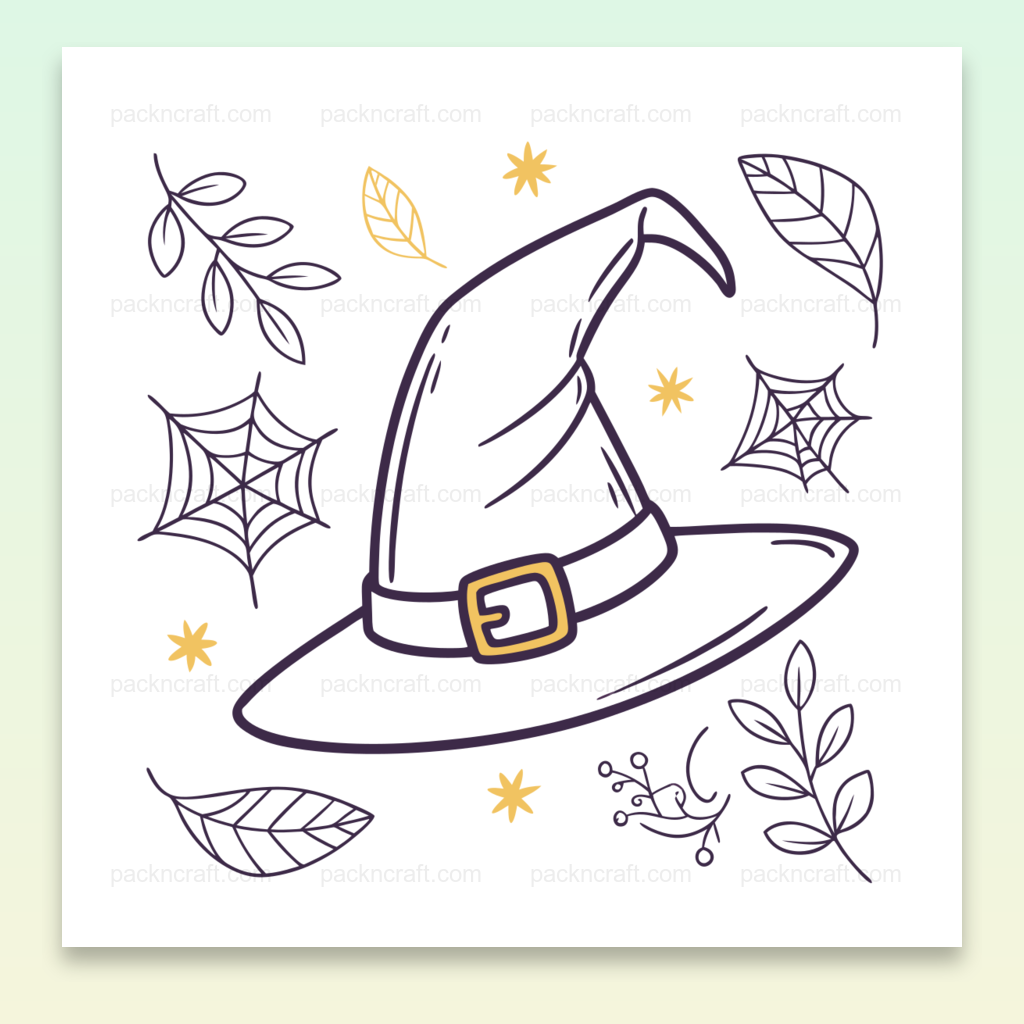 Chapeau de sorcière avec éléments illustrés, parfait pour Halloween et DIY.