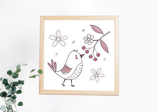 Cadre avec design minimaliste d'un oiseau joyeux sur fond de fleurs printanières