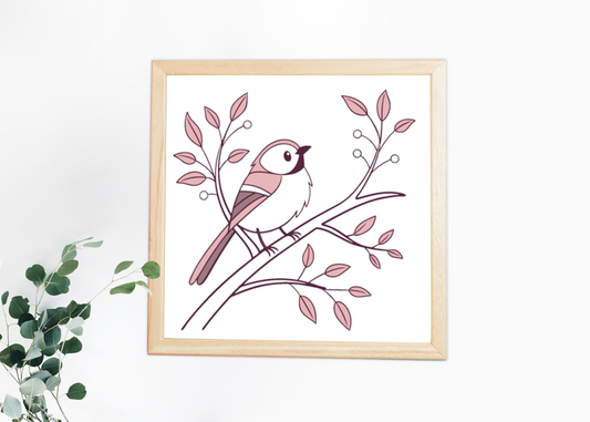 Cadre avec motif d'oiseau rêveur sur branche, style pastel et ambiance poétique