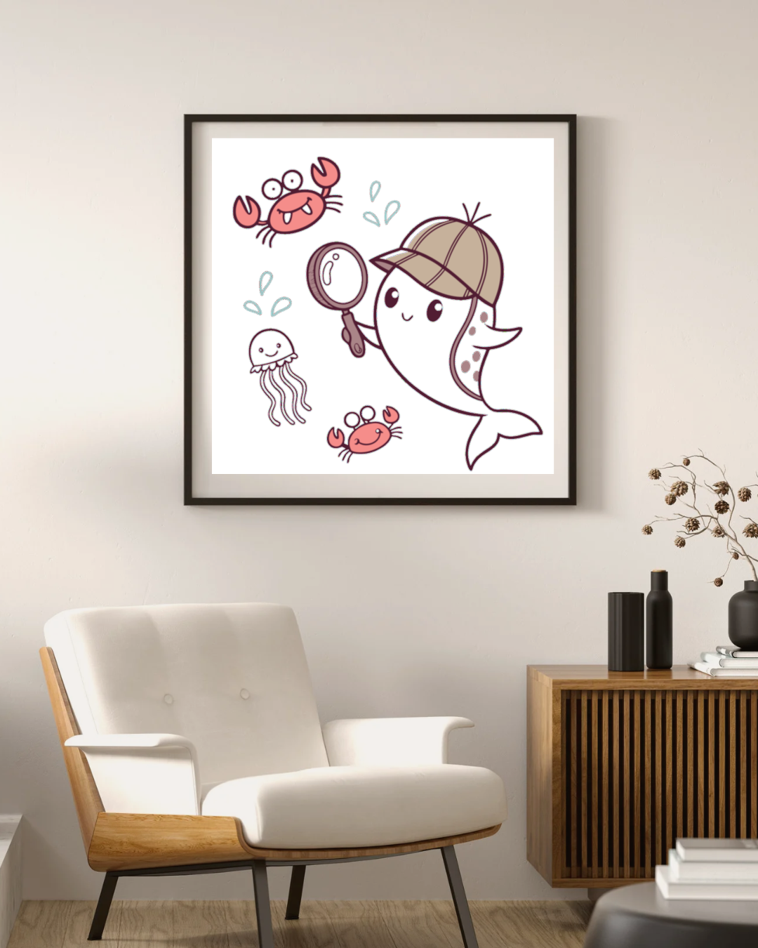 Cadre élégant avec narval kawaii en détective, idéal pour une décoration marine