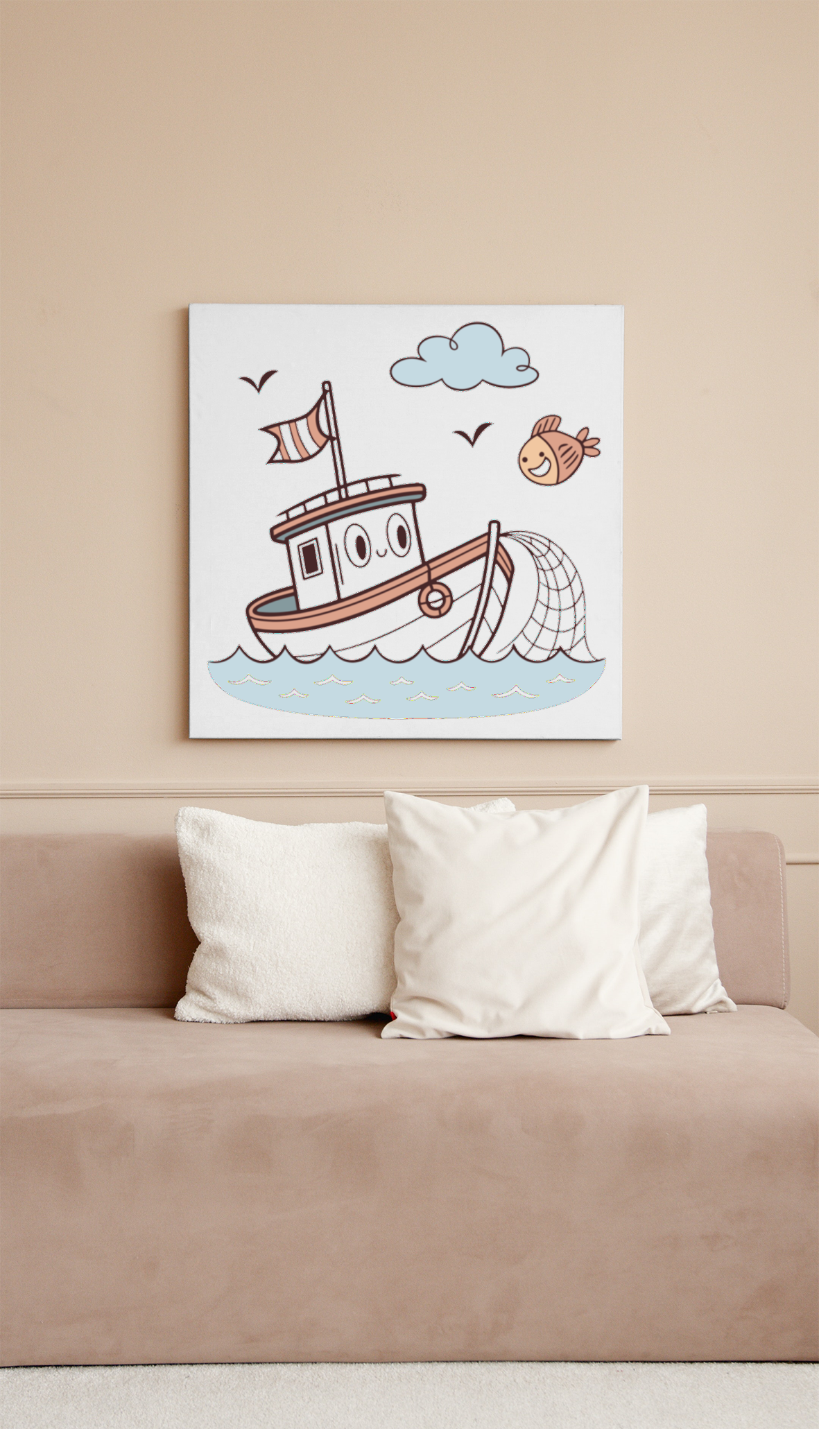 Cadre en bois avec dessin marin pastel montrant un bateau joyeux