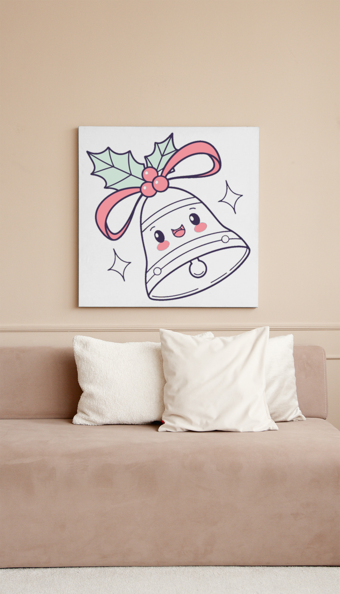 Cadre festif avec cloche de Noël dans un style Kawaii, apportant joie et couleur