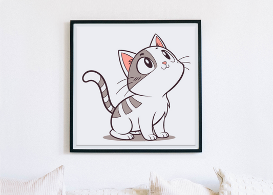 Cadre décoratif avec chat kawaii curieux, parfait pour ajouter une touche mignonne
