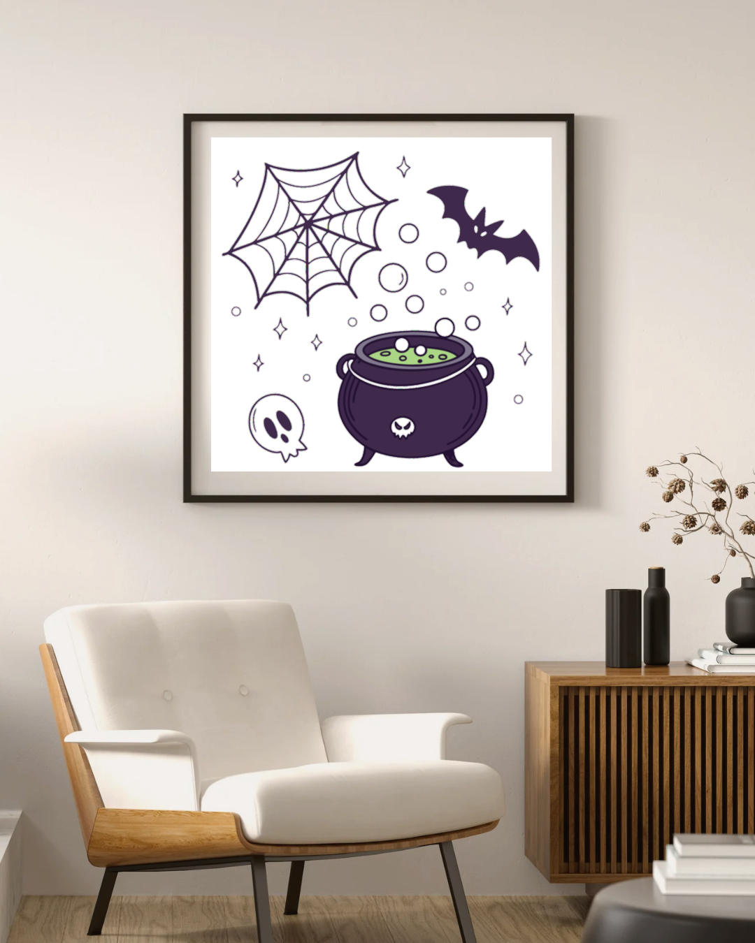 Cadre au style envoûtant décoré d'un chaudron magique, idéal pour Halloween