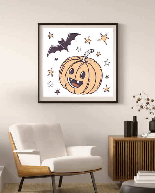 Cadre avec citrouille souriante parmi les étoiles pour un Halloween joyeux