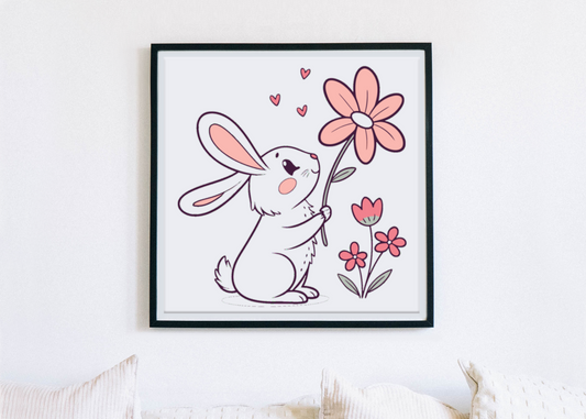 Cadre avec un lapin émerveillé fleur en main, ambiance printanière douce