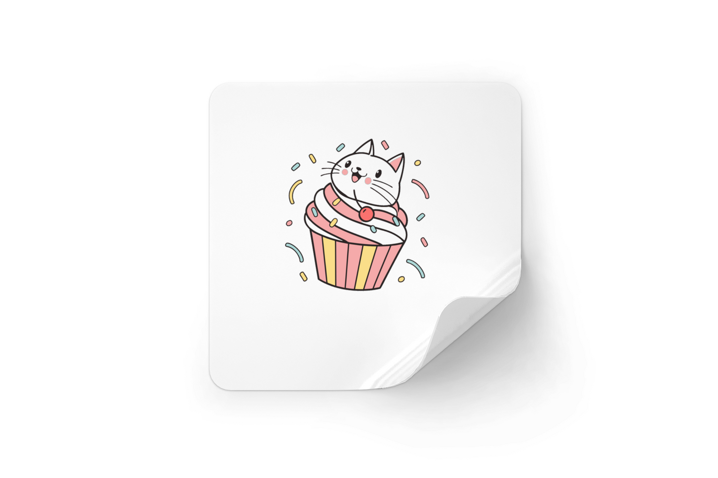 Sticker kawaii avec chat joueur et cupcake ambiance fête gourmande