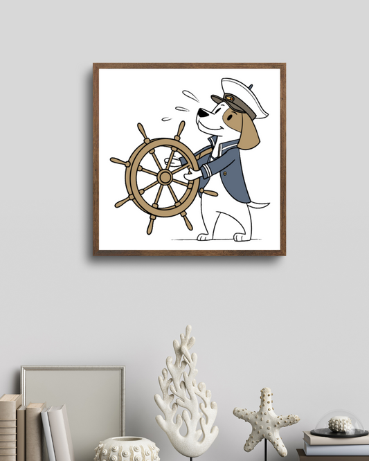 Cadre décoratif avec un chien capitaine cartoon à la barre, ambiance aventure nautique