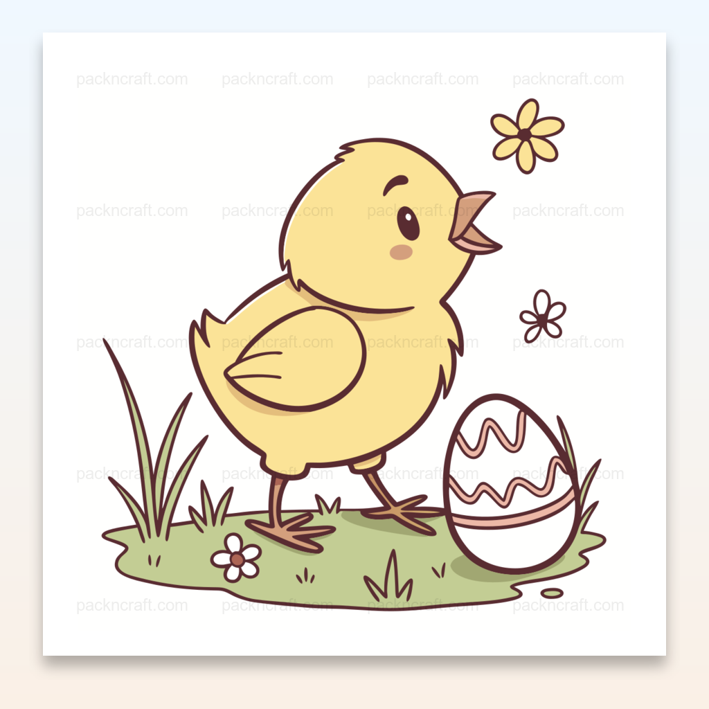 Illustration kawaii de poussin curieux avec un œuf décoré, parfaite pour Pâques.