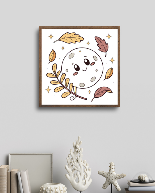Cadre avec une lune souriante en automne, tons pastels et ambiance naturelle