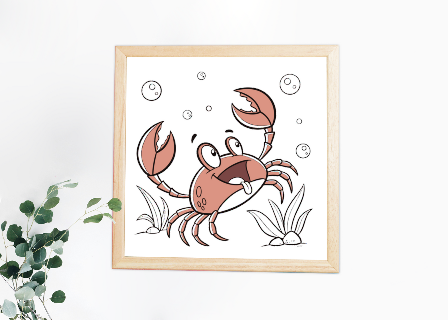 Cadre avec crabe souriant style cartoon humoristique sur fond marin